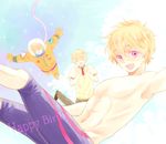  astronaut bad_id bad_pixiv_id blonde_hair closed_eyes collage free! future_fish happy_birthday hazuki_nagisa helmet jammers komorikorimo male_focus navel necktie open_mouth red_eyes school_uniform shirtless smile spacesuit swimsuit 