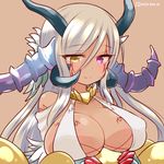  blonde_hair blush breast_rest breasts brown_background claws cleavage collarbone covered_nipples dark_skin dragon_girl dragon_horns facial_mark horns large_breasts long_hair marshmallow_mille purple_eyes puzzle_&amp;_dragons sideboob simple_background smile solo sonia_gran twitter_username yellow_eyes 