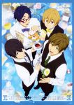  absurdres bicycle black_hair black_tea blue_eyes blue_hair bow bowtie brown_hair cake calendar_(medium) cup food fork free! glasses green_eyes ground_vehicle hazuki_nagisa highres iwatobi-chan male_focus multiple_boys nanase_haruka_(free!) official_art open_mouth purple_eyes red_eyes ryuugazaki_rei saucer scone smile spoon tachibana_makoto tea teacup teapot tiered_tray vest waiter 