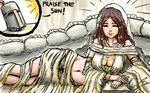  armor borockman breasts brown_hair cleavage dark_souls knight large_breasts long_hair lying midriff navel on_side queen_of_sunlight_gwynevere smile solaire_of_astora solo souls_(from_software) tiara veil 