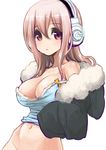  areola_slip areolae bare_shoulders blush breasts cleavage groin headphones hood hoodie large_breasts long_hair looking_at_viewer midriff nitroplus no_panties off_shoulder out-of-frame_censoring pink_hair red_eyes solo super_sonico tacos_(tacoage) 