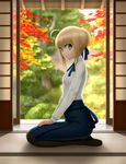  :/ ahoge artoria_pendragon_(all) black_legwear blonde_hair blouse fate/stay_night fate_(series) from_side full_body green_eyes highres indoors leaf long_sleeves looking_at_viewer maple_leaf neck_ribbon on_floor pantyhose ribbon saber seiza shirt short_hair siraha sitting skirt sliding_doors solo tree wing_collar 