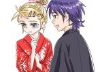  1boy 1girl 90s :d blonde_hair blue_eyes blush chrono_cross colored_eyelashes couple eyelashes floral_print hands_up hetero japanese_clothes kid_(chrono_cross) kimono long_sleeves looking_at_another looking_away open_mouth print_kimono purple_hair red_kimono s-a-murai serge short_hair shy simple_background sketch smile upper_body white_background wide_sleeves 