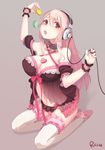  bare_shoulders breasts cleavage food headphones large_breasts lingerie long_hair looking_at_viewer macaron navel negligee nitroplus open_mouth panties pink_hair red_eyes riccae see-through solo super_sonico thighhighs underwear 