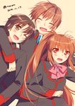  2boys bow brown_eyes brown_hair closed_eyes little_busters! long_hair multiple_boys naoe_riki natsume_kyousuke natsume_rin one_eye_closed pink_bow ponytail red_eyes sandwiched short_hair touon 