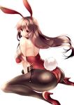  amane_ruri animal_ears ass back backless_outfit bare_arms bare_back bare_shoulders black_legwear brown_eyes brown_hair bunny bunny_ears bunny_girl bunnysuit floating_hair high_heels highres legs long_hair looking_at_viewer md5_mismatch original pantyhose sitting solo wariza 