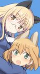  amelie_planchard animal_ears blonde_hair bunny_ears cat_ears cravat glasses green_eyes long_hair lowres military military_uniform multiple_girls open_mouth orange_hair perrine_h_clostermann shimada_fumikane short_hair smile strike_witches uniform world_witches_series yellow_eyes 