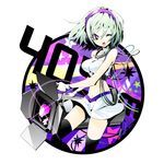  405nm ;d aqua_hair bangs beatmania beatmania_iidx black_legwear breasts cable character_name glint headphones kijimoto_yuuhi medium_breasts midriff miniskirt navel one_eye_closed open_mouth purple_eyes short_hair skirt smile solo spotlight standing star thighhighs v-shaped_eyebrows wristband 