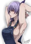  alternate_costume armpits arms_behind_head arms_up ayane_(doa) bangs breasts buckle butcha-u dated dead_or_alive denim headband hips holding_arm large_breasts lips looking_at_viewer naked_overalls no_bra overalls purple_hair red_eyes shadow shiny shiny_skin short_hair sideboob signature simple_background solo sweat upper_body white_background 