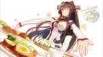  bread breasts brown_eyes cherry_blossoms egg eyecatch flower food hair_ornament highres kantai_collection large_breasts long_hair non-web_source official_art omelet one_eye_closed ponytail shizuma_yoshinori smile solo uniform very_long_hair yamato_(kantai_collection) 
