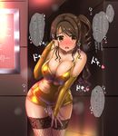  black_legwear blush breasts bridal_gauntlets brown_eyes brown_hair cleavage covered_nipples cum cumdrip derauea dress elbow_gloves fishnet_legwear fishnets gloves gold_dress heart idolmaster idolmaster_cinderella_girls lace lace-trimmed_thighhighs large_breasts long_hair one_side_up open_mouth revealing_clothes shimamura_uzuki short_dress strap_gap tears thigh_gap thighhighs thighs tight_dress translation_request 