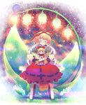  blonde_hair blue_eyes bow chair closed_eyes doll fairy_wings flower glowing hair_bow hair_ribbon highres hug lily_of_the_valley medicine_melancholy puffy_short_sleeves puffy_sleeves ribbon shirt short_sleeves sitting sitting_on_lap sitting_on_person skirt smile solo su-san takahero touhou wings 
