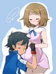  1boy 1girl black_hair blue_background blush brown_hair english eyes_closed pokemon pokemon_(anime) pregnant ribbon satoshi_(pokemon) serena_(pokemon) short_hair smile togo_(korlsj1235) 