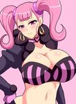  blush breasts captain_earth cleavage garter_straps hand_on_hip large_breasts long_hair looking_at_viewer megane_man midriff moco_(captain_earth) pink_eyes pink_hair smile solo twintails 