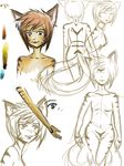  2011 2_tails animal_ears anthro breasts brown_fur brown_hair butt feline female fur green_eyes hair heterochromia mammal multiple_tails navel neyla nude purple_eyes raptor007 sketch smile tiger 