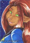  2009 brown_fur cheek_tuft clothed clothing feline female fur green_sclera grown_hair jennifer_l_anderson lips looking_at_viewer looking_back mammal pink_nose side_view smile star star_trek_the_animated_series traditional_media_(artwork) watercolor_(artwork) 