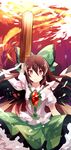  amano_kenpi arm_cannon arm_up artist_name bow brown_hair cape hair_bow long_hair red_eyes reiuji_utsuho skirt solo third_eye touhou weapon wings 