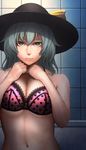  bow bra breasts green_eyes green_hair hat hat_bow komeiji_koishi large_breasts looking_at_viewer minami_koyogi navel polka_dot polka_dot_bra short_hair smile solo stomach touhou underwear underwear_only 