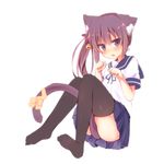  akebono_(kantai_collection) animal_ears bell between_legs blush cat_ears cat_tail flower hair_bell hair_flower hair_ornament jingle_bell kantai_collection kemonomimi_mode miktama purple_eyes purple_hair ribbon school_uniform serafuku side_ponytail simple_background skirt solo tail tail_between_legs tail_ribbon thighhighs white_background 