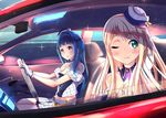  alessandra_susu bare_shoulders blonde_hair blue_eyes blue_hair blush breasts car dress driving ground_vehicle long_hair looking_at_viewer medium_breasts motor_vehicle multiple_girls smile steering_wheel taka_shida tendouji_musubi tokyo_7th_sisters 