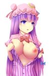  blue_bow blue_ribbon bow breasts crescent crescent_hair_ornament hair_ornament hair_ribbon hak hat hat_ribbon highres large_breasts long_hair nipples pajamas patchouli_knowledge purple_eyes purple_hair red_bow red_ribbon ribbon simple_background solo striped touhou white_background 