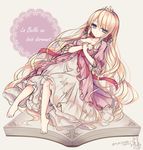  artist_name barefoot blonde_hair blue_eyes book breasts cleavage copyright_name french grimm's_fairy_tales long_hair medium_breasts open_book original signature sleeping_beauty sleeping_beauty_(character) solo tsukikage_nemu twitter_username very_long_hair 