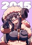  2015 bad_id bad_tumblr_id black_hair blush breasts brown_eyes freckles glasses gloves head_tilt highres hooves horns large_breasts long_hair looking_at_viewer matsuda_yuusuke messy_hair paw_gloves paws semi-rimless_eyewear sheep_girl sheep_horns solo sweatdrop track_suit under-rim_eyewear wool yonezawa_natsumi yuusha_to_maou zipper 