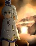  arson blue_eyes burning empty_eyes fire hat japanese_clothes kariginu kousei_(public_planet) mononobe_no_futo ponytail solo tate_eboshi touhou walking_away white_hair 