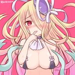  blonde_hair blush breasts finger_to_mouth full-face_blush gradient_hair hair_over_one_eye hat large_breasts long_hair looking_at_viewer marshmallow_mille multicolored_hair pandora_(p&amp;d) pink_background pink_hair puzzle_&amp;_dragons red_eyes simple_background skindentation solo twitter_username 