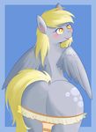  anthro blonde_hair blush bubble_butt clothing cutie_mark derpy_hooves_(mlp) equine feathers female friendship_is_magic fur grey_fur hair long_hair mammal my_little_pony panties panties_down pegasus presenting raised_tail rear_view smile solo tongue underwear verminshy wings 