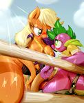  2015 _hi_res anthro anthrofied applejack_(mlp) blush breasts clothing dragon duo earth_pony equine female fence freckles friendship_is_magic frist44 fur green_eyes hair hat hi_res horse long_hair male male/female mammal my_little_pony nipples orange_fur outside penis pink_hair pony scalie spike_(mlp) sweat 