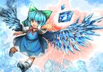  blue_dress blue_eyes blue_hair bow cirno dress hair_bow ice ice_wings open_mouth puffy_short_sleeves puffy_sleeves shirt short_sleeves smile solo touhou umigarasu_(kitsune1963) wings 