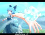  blue_dress blue_eyes blue_hair blue_sky bow cirno commentary day dress foreshortening hair_bow ice ice_block ice_wings letterboxed looking_at_viewer open_mouth outstretched_arm outstretched_hand sky smile solo tenyunkel touhou translated wings 