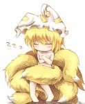  animal_ears blonde_hair blush chibi closed_eyes covering covering_breasts covering_crotch fox_ears fox_tail hat highres kokuneko_(graycat06) mob_cap multiple_tails nude short_hair simple_background sitting_on_own_tail sleeping solo tail touhou white_background yakumo_ran zzz 