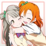  bangs blunt_bangs bow cheek-to-cheek closed_eyes grey_hair hair_bow hug kidachi kousaka_honoka long_hair looking_at_another love_live! love_live!_school_idol_project minami_kotori multiple_girls one_side_up open_mouth orange_hair otonokizaka_school_uniform school_uniform short_hair smile sweater_vest yellow_eyes 