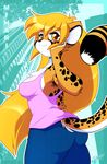  amber_eyes anthro big_breasts blonde_hair breasts butt chalo cheetah clothed clothing feline female fur hair long_hair mammal mihari smile solo spots 