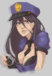  between_breasts blue_eyes breasts caitlyn_(league_of_legends) cleavage cuffs handcuffs hat large_breasts league_of_legends lips long_hair officer_caitlyn police police_uniform policewoman solo uniform upper_body whistle_frog 