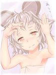  animal_ears blush cutting_hair grey_hair highres ishikkoro mirror mouse_ears naked_towel nazrin red_eyes scissors short_hair solo touhou towel 