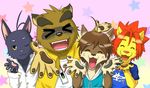  anthro black_fur brown_fur canine cat eyes_closed eyewear feline fur glasses hair hoodie kounosuke lion looking_at_viewer lucky_star male mammal morenatsu one_eye_closed open_mouth red_hair shin_kuroi shun soutaro tan_fur tanuki teeth tongue wolf yellow_eyes yellow_fur 屮竹 