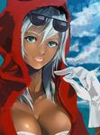  bad_id bad_pixiv_id breasts cleavage dark_skin eyewear_on_head gloves green_eyes hood jojo_no_kimyou_na_bouken mariah medium_breasts senria solo sunglasses white_hair 