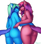  2015 amber_eyes anthro blue_fur breasts butt canine duo female fur green_eyes mammal nude pink_fur porin smile 