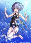  :o air_bubble ankle_ribbon barefoot blue_hair brown_eyes bubble fishing_hook hair_ornament looking_at_viewer navel one-piece_swimsuit open_mouth ribbon sakuya_tsuitachi school_swimsuit school_swimsuit_flap shiny shiny_clothes short_hair snowflake_hair_ornament snowflakes solo swimsuit tenka_touitsu_chronicle thigh_ribbon underwater wrist_ribbon 