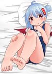 alternate_hairstyle bat_wings blue_hair blush hair_bun hair_ornament hairclip legs_up lying nyt_(nagane) on_back open_mouth pillow red_eyes remilia_scarlet school_swimsuit solo swimsuit touhou wings 