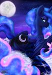  2015 blue_eyes blue_fur blue_hair butt cloud cutie_mark equine female friendship_is_magic fur hair half-closed_eyes hi_res horn legwear long_hair mammal moon my_little_pony on_cloud outside princess_luna_(mlp) rainbowscreen smile socks solo striped_legwear winged_unicorn wings 