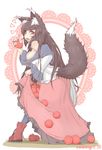  animal_ears apple bare_shoulders breasts brooch brown_hair cube85 fang food fruit highres imaizumi_kagerou jewelry large_breasts long_hair long_sleeves looking_at_viewer off_shoulder open_mouth pantyhose pink_eyes shirt skirt skirt_basket solo spice_and_wolf tail touhou very_long_hair wide_sleeves wolf_ears wolf_tail 