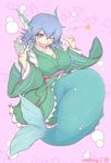  blue_eyes blue_hair blush_stickers breasts bubble cleavage collarbone cube85 head_fins highres japanese_clothes kimono large_breasts long_sleeves mermaid monster_girl obi one_eye_closed open_mouth sash smile solo star touhou wakasagihime wide_sleeves 