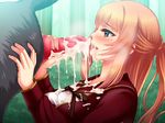  1girl artist_request bestiality blonde_hair blue_eyes blush breasts censored character_request cum cum_in_mouth dog game_cg handjob juukan_rape knotted_penis outdoors penis source_request tears 