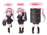  black_serafuku blue_hair chain dd_(ijigendd) drum_(container) evolution gloves gradient_hair hair_ornament hairclip harusame_(kantai_collection) hat kantai_collection multicolored_hair pink_eyes pink_hair school_uniform serafuku side_ponytail simple_background skirt solo translated white_background 