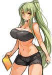 bandeau blush breasts cleavage green_hair groin holding large_breasts long_hair looking_at_viewer midriff navel notebook original ponytail sachito shorts simple_background solo strapless sumi-chan_(sachito) taut_clothes very_long_hair white_background yellow_eyes 