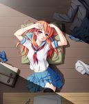  arms_up black_legwear blouse blush bow clothes desk from_above gekkan_shoujo_nozaki-kun hair_bow long_hair looking_at_viewer lying messy_hair navel neckerchief nekoro on_back on_floor orange_hair pillow pleated_skirt purple_eyes sailor_collar sakura_chiyo school_uniform serafuku short_sleeves skirt sleeves_folded_up solo thighhighs white_blouse wooden_floor zettai_ryouiki 